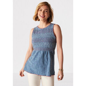 Matilda Jane Roxie Top Womens L Large Blue Enchanted Garden Striped Tank Smocked
